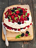 Pavlova with raspberries and blackberries