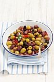 Mixed marinated olives with garlic, mustard and chilli