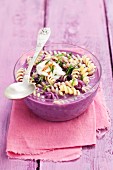 Cold soup with pasta, blueberries and yoghurt