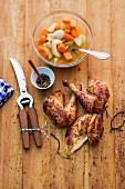 Roast chicken with a honey crust and a carrot and celery medley