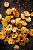 Oven roasted potatoes on a baking tray