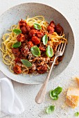 Spaghetti mit Tomaten, Parmesan und Basilikum