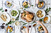 Weihnachtsessen mit Truthahn, Pastinaken, Rosenkohl, Kartoffeln, Karotten, Gravy und Cranberrysauce