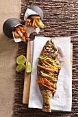 Grilled chermoula silver salmon with chips