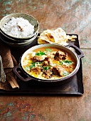 Chicken curry with rice and unleavened bread (India)