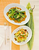Asparagus with aubergines and spring onions with a vegetable salad