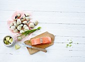 Salmon fillet, clams, chives and limes