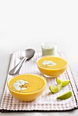 Spicy coconut and butternut squash soup with coriander yoghurt