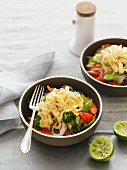 Pasta with vegetables and omelette strips