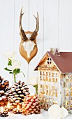 Illuminated house ornament, pine cones and white roses in front of antlers on wall