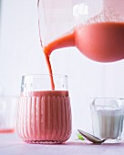 A smoothie made with rhubarb, strawberries, yoghurt and elderflower syrup