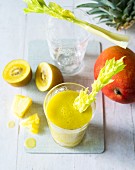 Yellow Submarine: a smoothie made with pineapple, mango, kiwi and celery