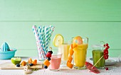 Various smoothies made with fruit and vegetables