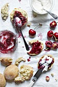 Scones with cherry jam and clotted cream
