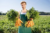 A farmer holding two bunches of freshly picked carrots
