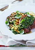 Grilled pork, courgette and aubergine with salsa verde