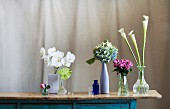 Various vases of orchid, anthurium, hydrangea, rose and pitcher plant flowers on vintage chest of drawers