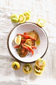 Fried tomatoes with smoked trout