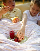Zwei Jungen essen Pancakes mit Erdbeeren zum Frühstück im Bett auf der Wiese