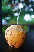 A coconut with a straw