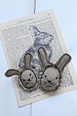 Hand-sewn Easter bunny heads on printed Easter bunny