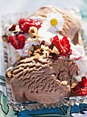 Chocolate ice cream with raspberries and nuts