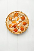 A whole apricot pie with slivered almonds in a baking tin
