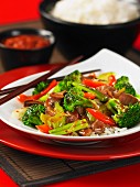 Beef with vegetables on a bed of rice (Asia)