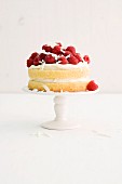 A birthday cream cake with raspberries
