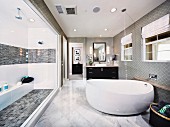 Free-standing bathtub in modern bathroom; Brea; California; USA