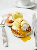 Eggs Benedict with salmon with a runny yolk