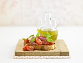 Rustic bruschetta with tomatoes, red onions, olive oil and basil