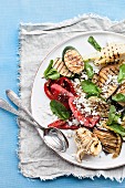 Roasted vegetable salad (courgette, pepper, garlic) with mint and feta