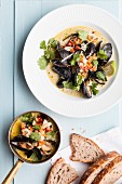 Steamed mussels with beer, coconut, vegetables, coriander and limes
