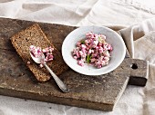 Meat salad with beetroot as a spread