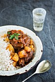 Ostrich stew with potatoes and rice