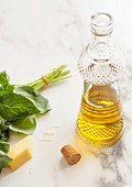 Mediterranean ingredients - olive oil, cheese and basil