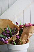 Bouquets of pink and purple tulips wrapped in paper in white flower pot
