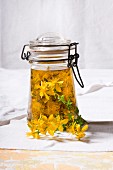 A jar of St John's Wort flowers in olive oil for making red oil