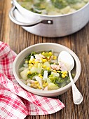Savoy cabbage soup with ham and sweetcorn