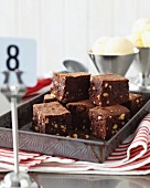 Chocolate brownies on a baking tray