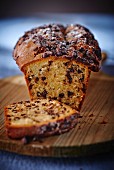 A chocolate chip loaf cake, sliced