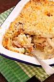 Tuna bake with pasta and vegetables in enamel baking dish