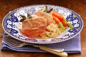 Chicken saltimbocca with carrots and rice