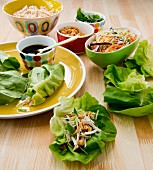 Lettuce wraps with vegetables, soy sauce and peanuts (Asia)