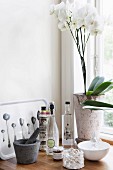 Pestle and mortar, vintage bottles and white orchid on windowsill