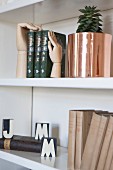 Antiquarian books and house plant in copper planter on white shelves