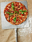 Vegetable pizza with tomatoes, aubergines and rocket