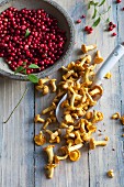 Chanterelle mushrooms and cranberries