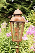 Rusty garden lantern amongst flowering phlox
